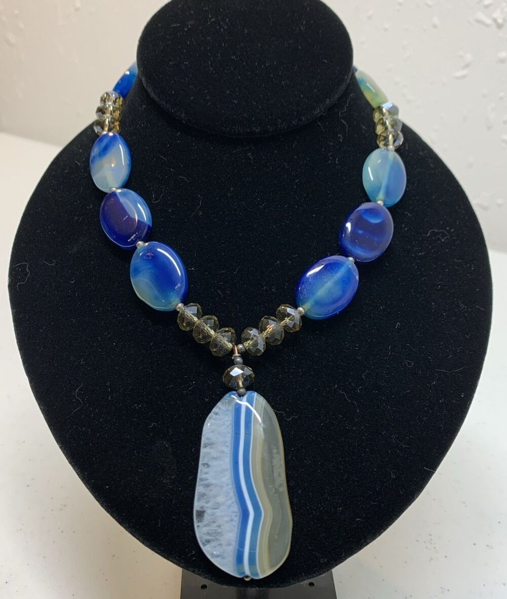 Boho Silver Blue Art Glass Swirl Crystal Large Slab Pendant Necklace